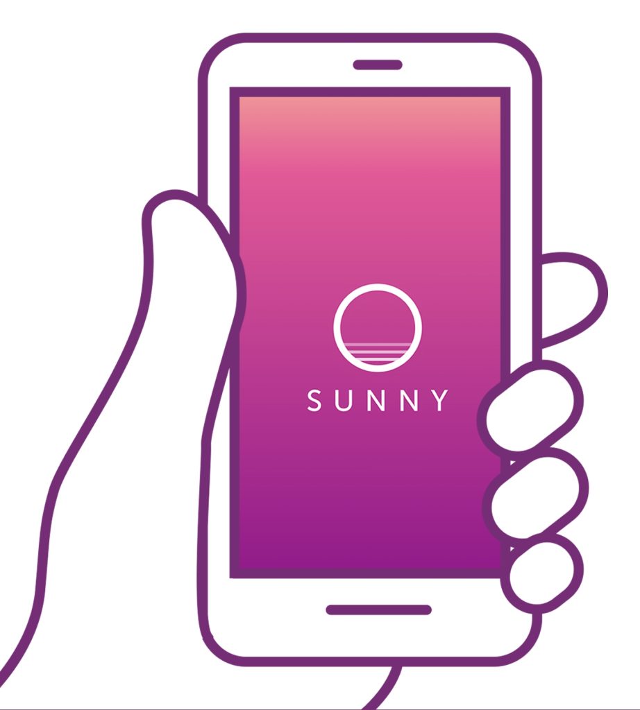 Illustration of a hand holding a smart phone with the sunny app open.