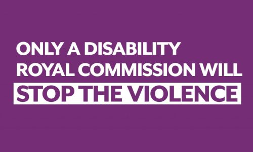 Purple social media tile with white text: 'Only a Disability Royal Commission Will STOP THE VIOLENCE'