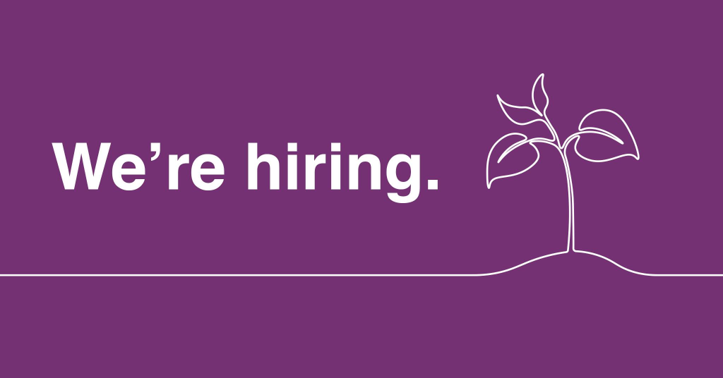 Purple image with white text: 'We're hiring.'