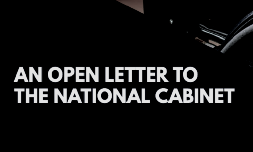 Social media tile with a photo of a person using a wheelchair in the background overlaid with a black banner and white text 'Open Letter to the National Cabinet.'