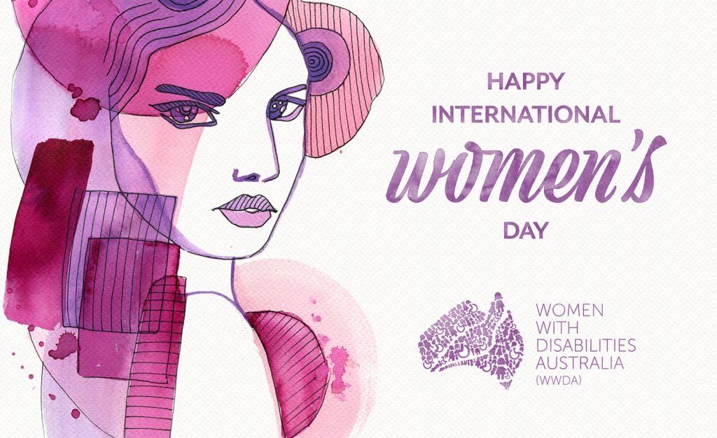 Pink illustration of a woman on the left with purple text on the right: 'Happy International Women's Day.'