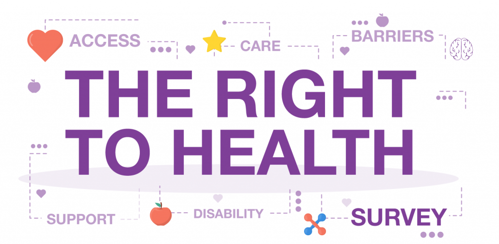 White image with purple text: 'The Right to Health. Survey.'