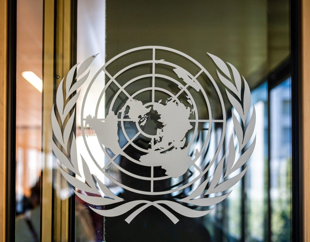 United Nations logo in Geneva office.