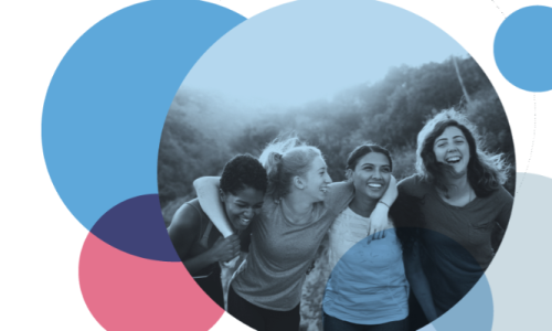 Photo of four young people walking. The photo is in a blue bubble surrounded by smaller blue and pink bubbles.