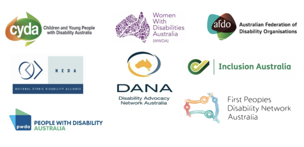 Logos for the Australian Federation of Disability Organisations, Children and Young People with Disability Australia, the Disability Advocacy Network Australia, the First Peoples Disability Network, Inclusion Australia