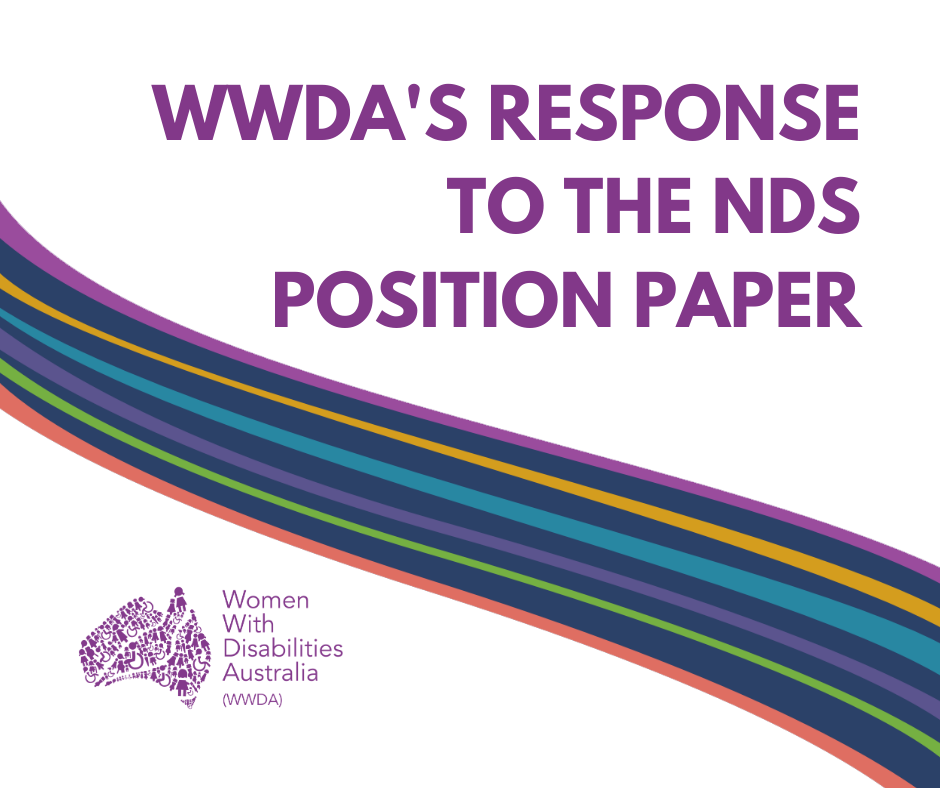 Purple heading "WWDA's Response to the NDS Position Paper, a colourful swirl through the middle of the page and the WWDA logo in the bottom left corner.