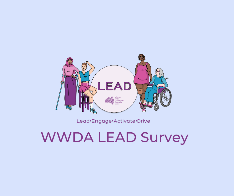 Light blue background, an illustration of 4 women representing diversity and disability. Heading says LEAD, Lead, Engage, Activate, Drive. Underneath as a seperate purple heading that says WWDA LEAD Survey.