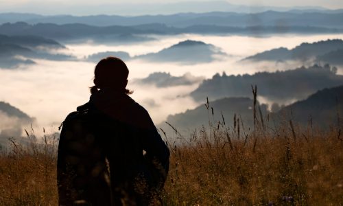 the outline of a woman looking out over mountains