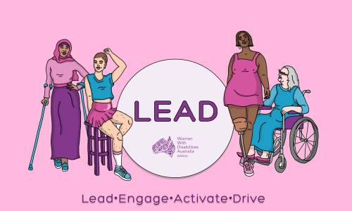 Bright pink background, an illustration of 4 women representing diversity and disability. Heading says LEAD, Lead, Engage, Activate, Drive. Underneath as a seperate purple heading that says WWDA LEAD Survey.