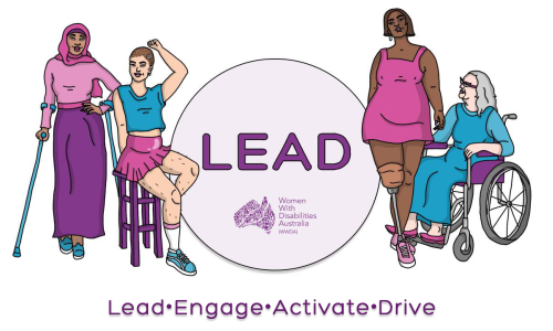 White background with an illustration of four women representing diversity and disability. In the middle in a purple circle reads LEAD, Lead, Engage, Activate and drive.