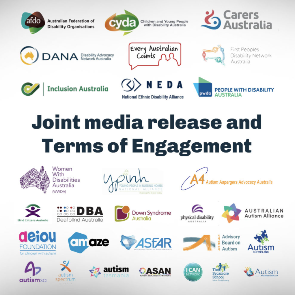 White background with heading text: 'Joint media release and Terms of Engagement' with a number of disabled people's organisations logo's surrounding the text