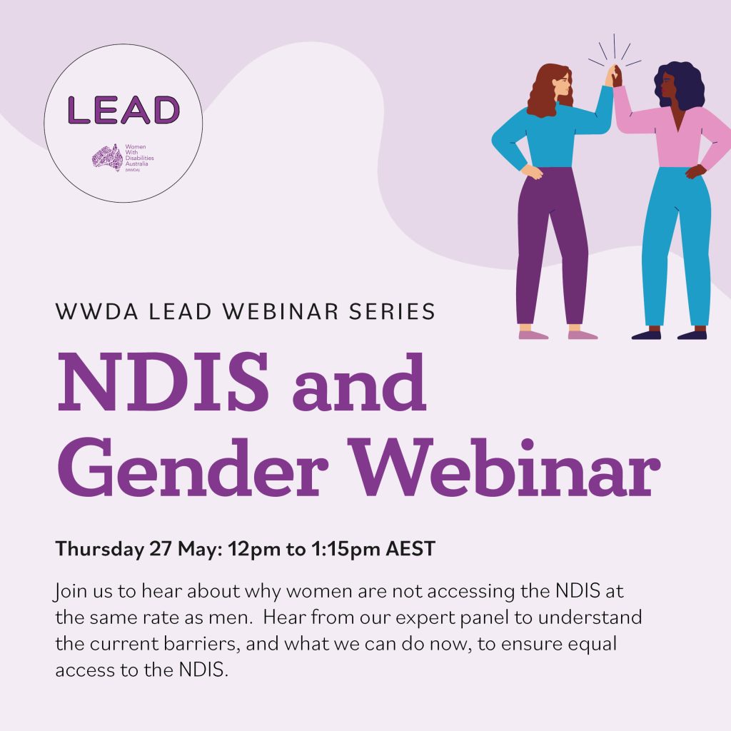 Light purple background, dark purple heading NDIS and Gender Webinar. Includes an illustration of two women giving each other a high 5.