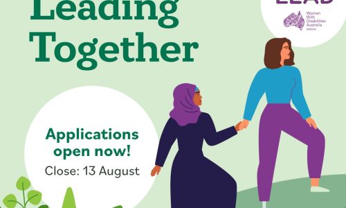 Light green background, dark green text reads WWDA Lead Mentoring Program, Leading Together. In a white circle text reads Applications open now! Close 13 August. To the right of the text is an illustration of two women, one with long brown hair and one wearing a headscarf. One of the women are walking , leading the other one by holding her hand.