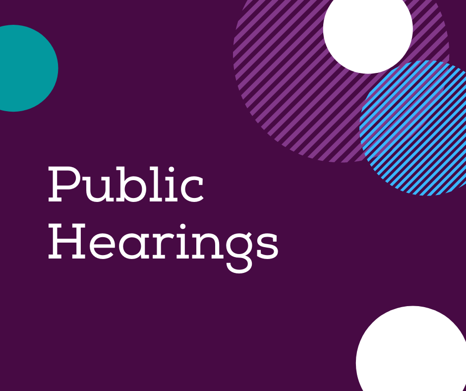 dark purple background with different coloured circles around the outside. White text reads Public Hearings