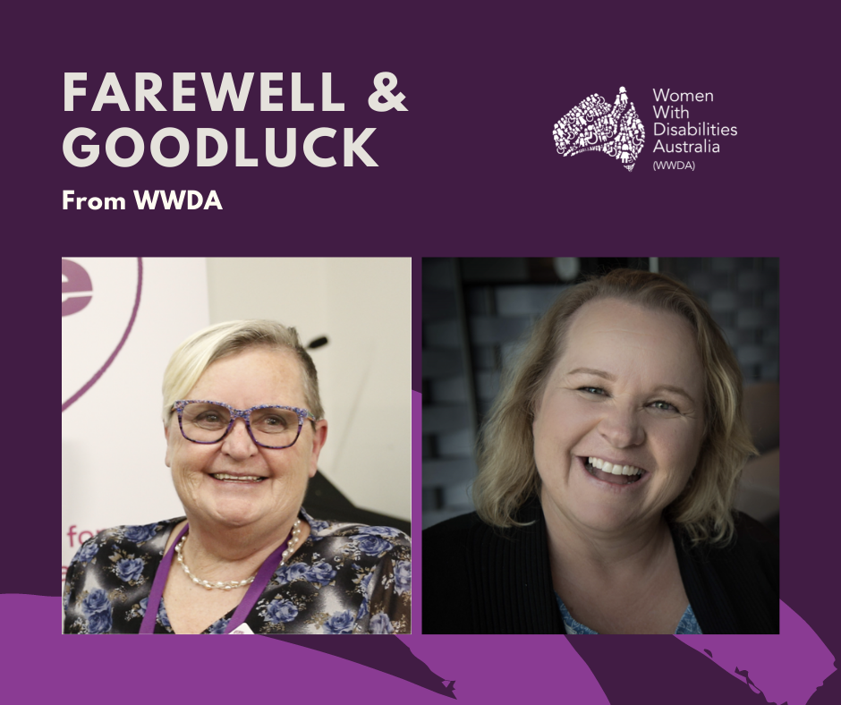 Dark purple background, with white text that reads Farewell and goodluck from WWDA. Two photos inserted. One of Tricia Malowney who had short blonde hair and wear purple glasses. The other photo is of Jody Barney who has shoulder length blonde hair and wearing a black top.