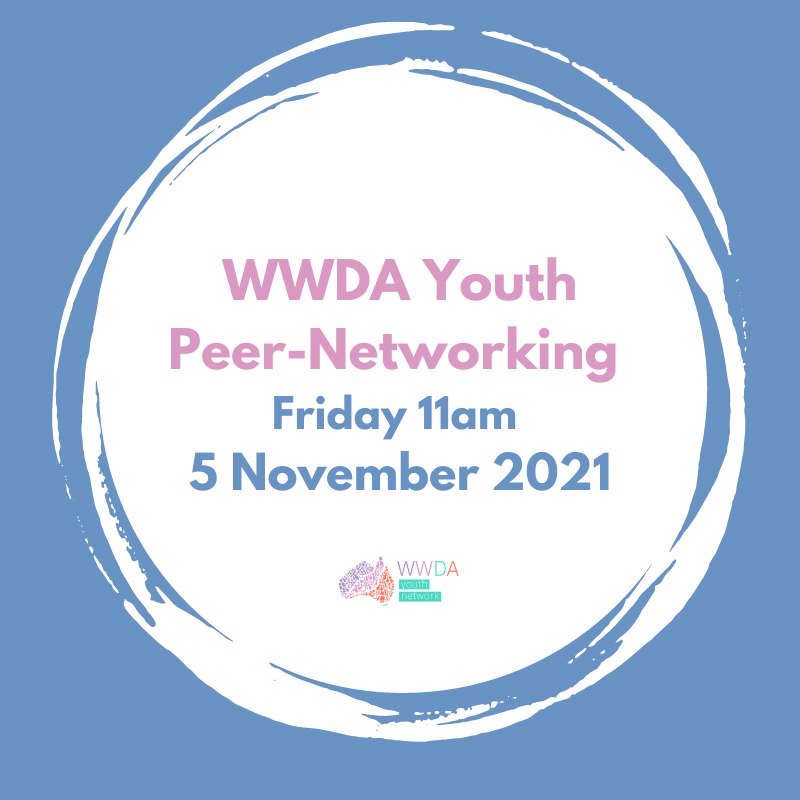 A blue square with a white circle inset with text that reads WWDA Youth Peer-Networking, Friday 11am, 5 November 2021.