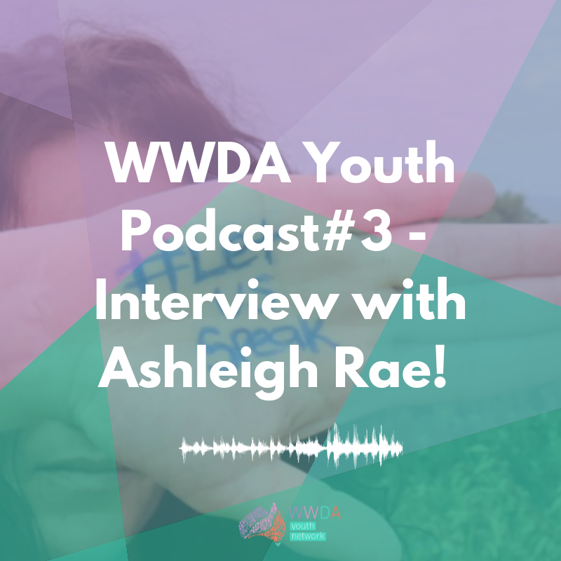 Photo of a young woman putting her hand in front of her face. Her hand has 'LetUsSpeak' written on it. In front of the image are translucent shapes in purple and green and white text: ' WWDA Youth Podcast #3 - Interview with Ashleigh Rae'