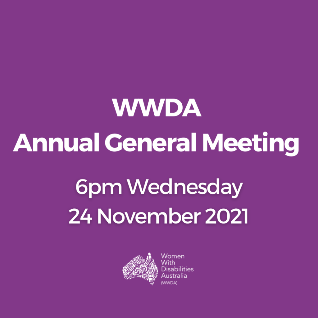 Purple background with white text: 'WWDA Annual General Meeting. 6pm Wednesday 24 November 2021.' At the bottom is the WWDA logo in white