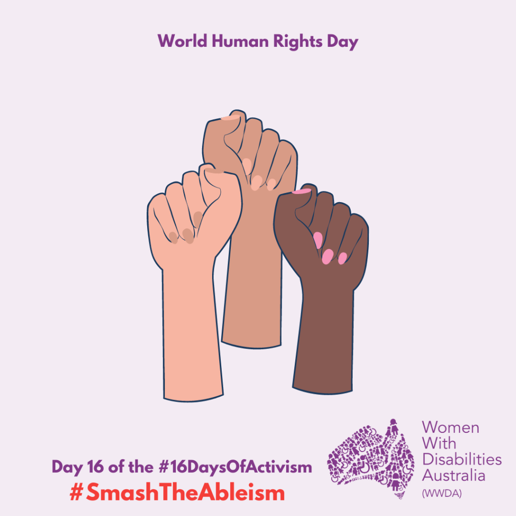 Heading reads ‘World Human Rights Day’.  Image of three hands and arms in a fist of various skin tones being held up. Text at bottom reads ‘Day 16 of the #16Days of Activism @SmashTheAbleism’.  Logo for WWDA is in the bottom right.