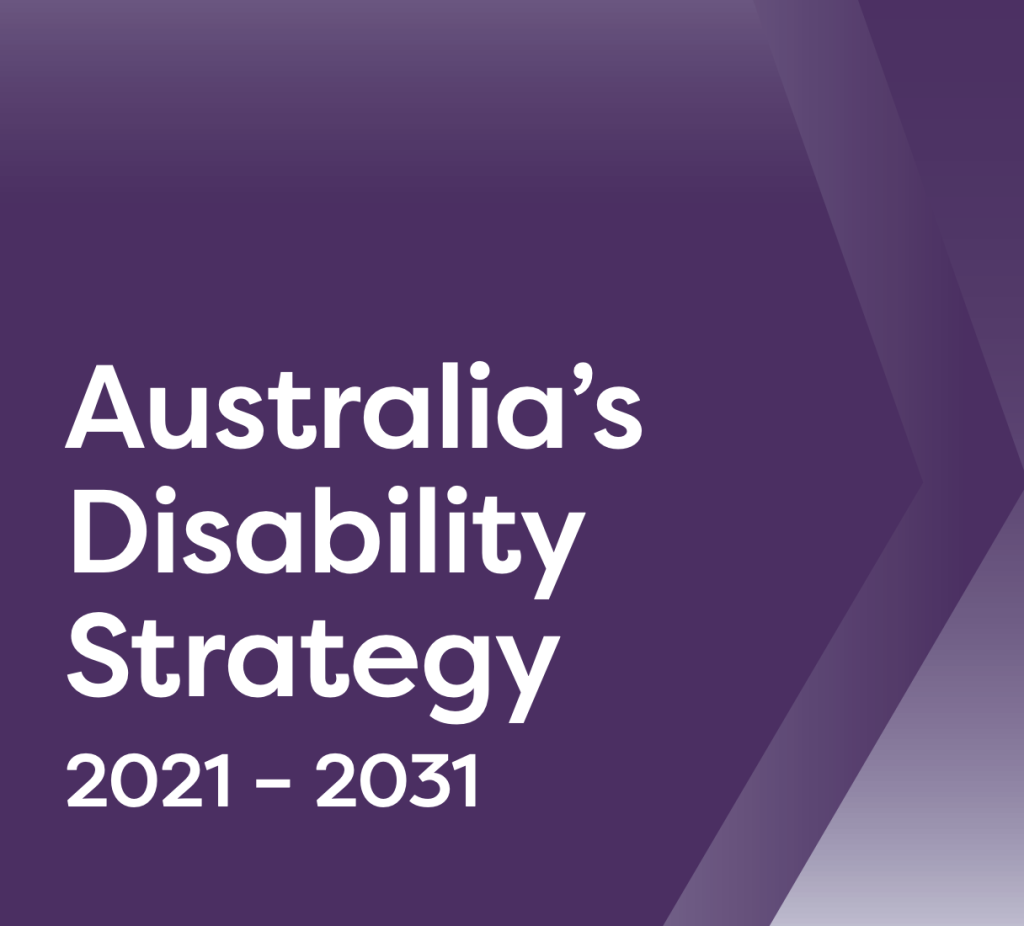 Screenshot of front cover of Australia's Disability Strategy. Purple background with white text: 'Australia's Disability Strategy 2021-2023'