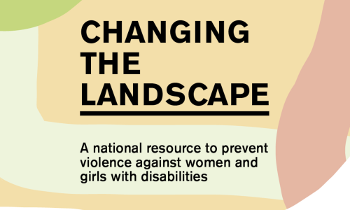 Colourful geometric background behind the name of the report: Changing the Landscape, a national resource to prevent violence against women and girls with disabilities'