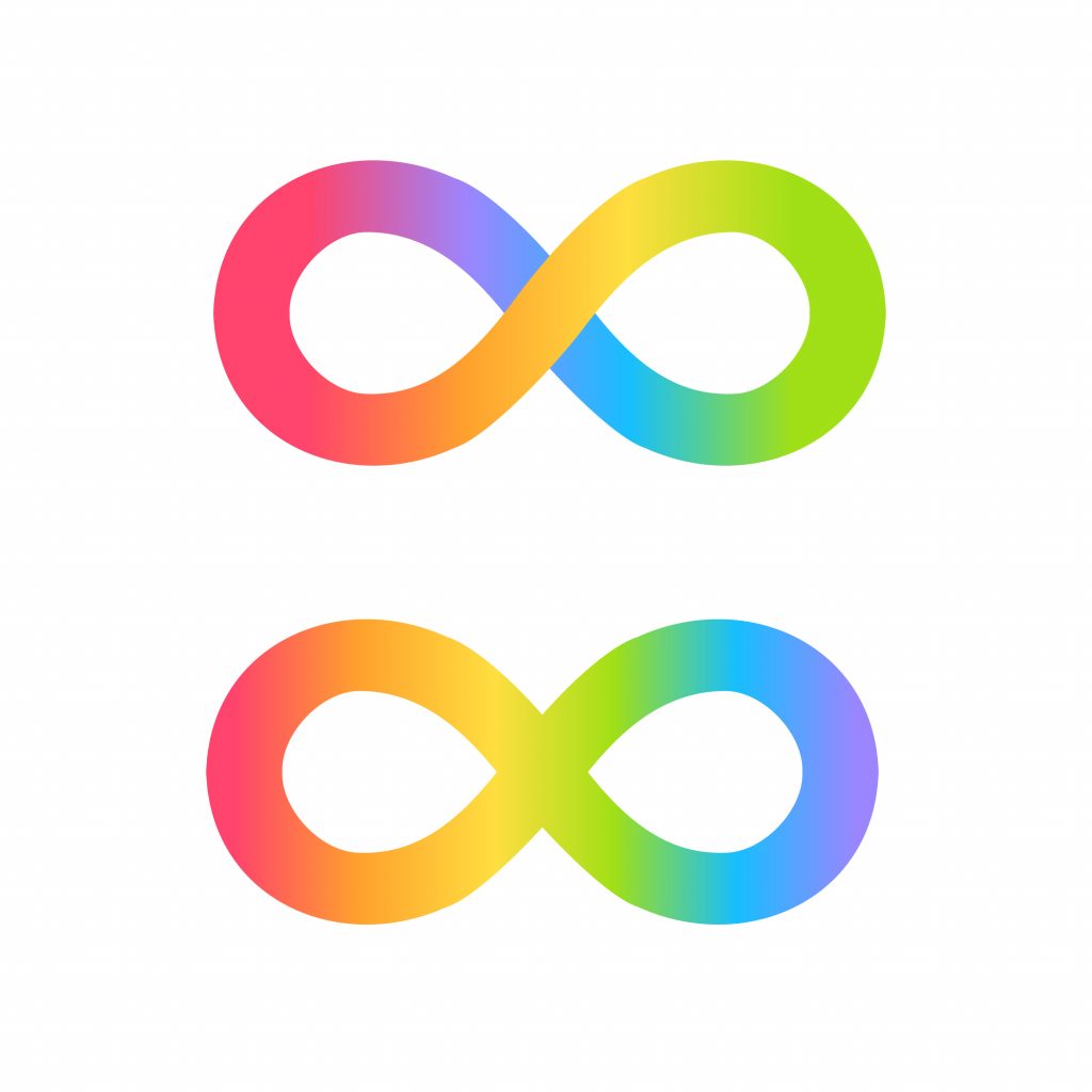 Two seven-coloured heptagonal symbols, to represent both the Autistic spectrum and the idea of diversity. The rainbow infinity sign is a symbol of the Autism Rights Movement and Autistic Self-Advocacy Network (ASAN).