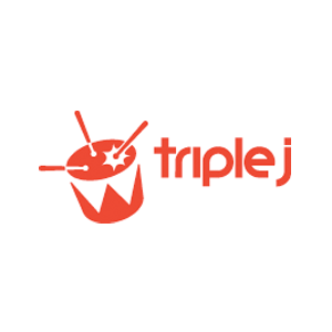 White background with red illustration of a drum and red text: 'triple j'