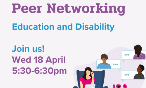 Light purple background with an illustration of a woman sitting in a lounge chair talking to people virtually. Text: 'WWDA LEAD Peer Networking, Education and Disability, Wednesday 18 May, 5:30-6:30 pm, Join Us!'