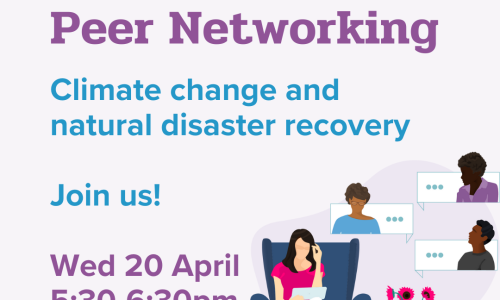 Light purple background with an illustration of a woman sitting in a lounge chair talking to people virtually. Text: 'WWDA LEAD Peer Networking, Climate change and natural disaster recovery, Wednesday 20 April, 5:30-6:30 pm, Join Us!'