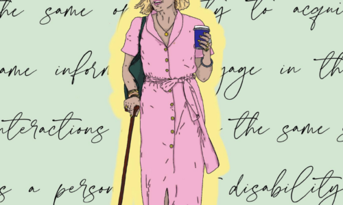 A digital illustration of Selma Blair on a sage green background, with the definition of accessibility written in cursive script. Selma has light skin, a short blind bob, and is wearing a pink dress and purple shoes. She is wearing sunglasses, holding a coffee cup in one hand, has a black handbag over one shoulder, and is using a walking stick in the other. Selma’s figure is outline in a yellow silhouette to contrast the background text.