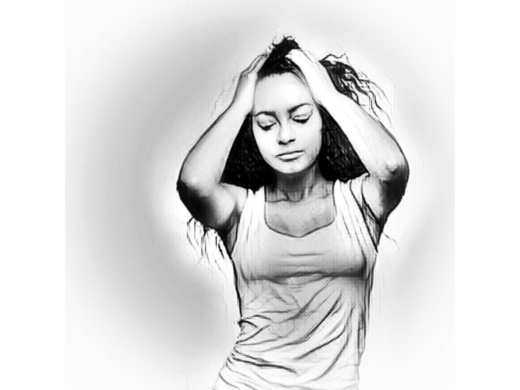 A black and white digital illustration of a woman with her eyes closed, scrunching the top of her head and hair with both hands. She has fair skin, long black wavy hair, and is wearing a white tank top.