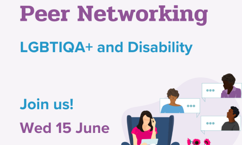 Light purple background with an illustration of a woman sitting in a lounge chair talking to people virtually. Text: 'WWDA LEAD Peer Networking, LGBTIQA+ and Disability, Wednesday 15 June, 5:30-6:30 pm, Join Us!'