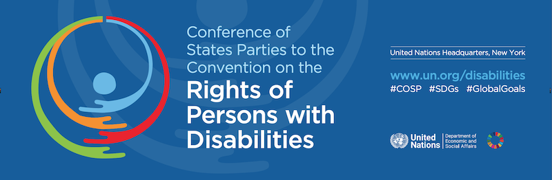 Dark blue background, With a logo on the left which has colourful circles. Next to the logo is white text that reads; Conference of States Parties to the Convention on theRights of Persons with Disability