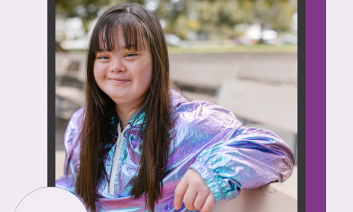 [Image: Light purple background with a dark purple shadow, the photo has a black border, the LEAD logo is in the left-hand corner and text says ‘LEAD Women With Disabilities Australia (WWDA), the photo is of a young woman with disability, she has long brown hair, wearing a blue and purple shiny top and is smiling.]