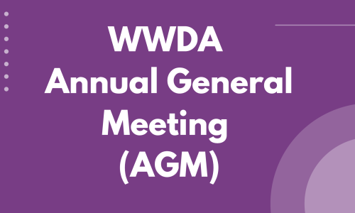 Purple background with white text that reads WWDA Annual General Meeting AGM