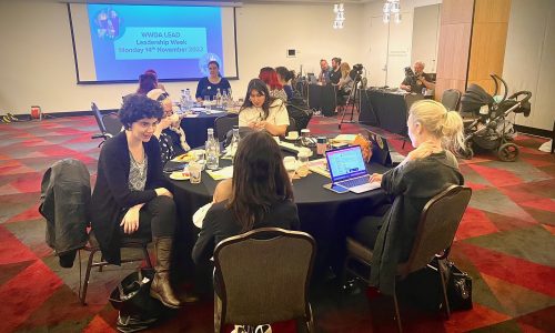 A landscape photo of the committee members and WWDA staff sitting around circle tables at the Leadership Week in Hobart