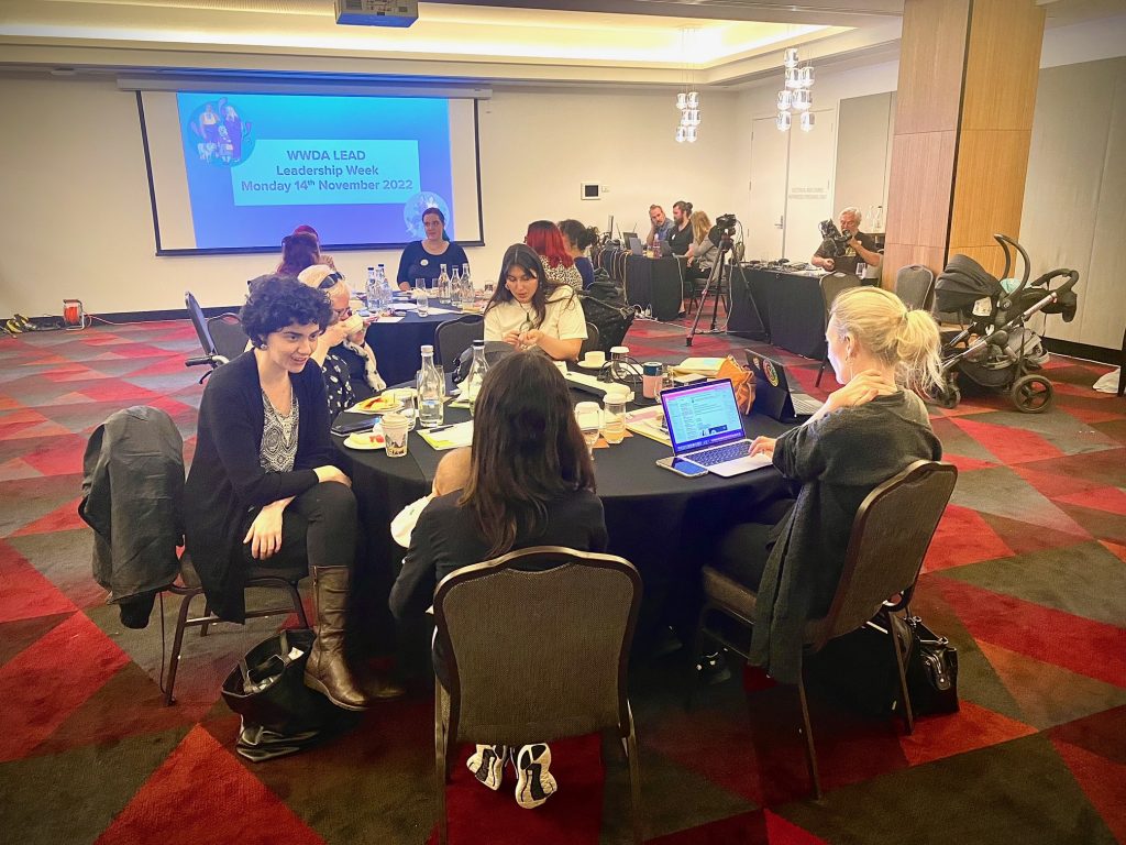 A landscape photo of the committee members and WWDA staff sitting around circle tables at the Leadership Week in Hobart