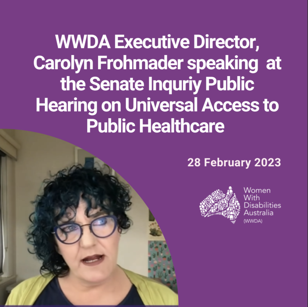 Purple background with photo of Carolyn Frohmader in the bottom left hand corner. Carolyn has curly blue hair, is wearing blue rimmed glasses and a blue top with a green cardigan. Text reads: 'WWDA Executive Director, Carolyn Frohmader speaking at the Senate Inquriy Public Hearing on Universal Access to Public Healthcare. 28 February 2023.' In the bottom right hand corner is the Women With DIsabilities Australia in white.