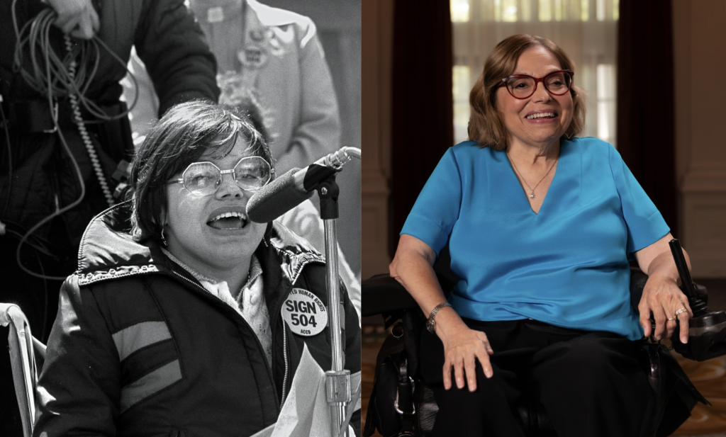 A collage of two photos of Judy Heumann. To the left; A black and white photo of Judy Heumann at the 504 protests in the 70s. Judy is a white woman with short brown hair who uses a wheelchair. She is wearing glasses and a jacket with a pin that says “Sign 504 Now” She is passionately speaking at a microphone. To the right; A headshot of Judy Heumann, a white woman with shoulder-length brown hair wearing red glasses, a blue v-neck shirt, and a gold necklace. She is smiling warmly.