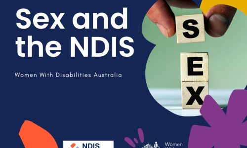 Dark blue background with white text that reads Sex and the NDIS, Women With Disabilities Australia. There are three organic shapes in yellow, purple and red with a photo of wooden blocks that spell SEX. Along the bottom is the NDIS Review logo and the WWDA logo.