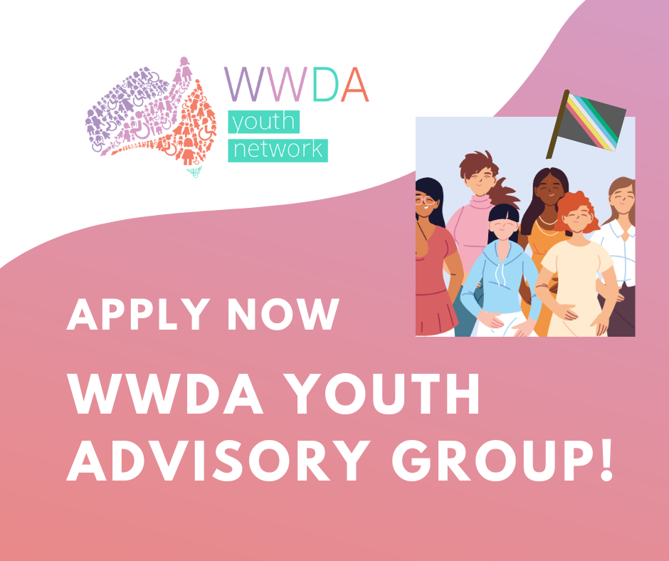 It has a random shape background with an orange-to-pink gradient. White text reads Apply now WWDA Youth Advisory Group! inserted is an illustration of a group of people with a flag.