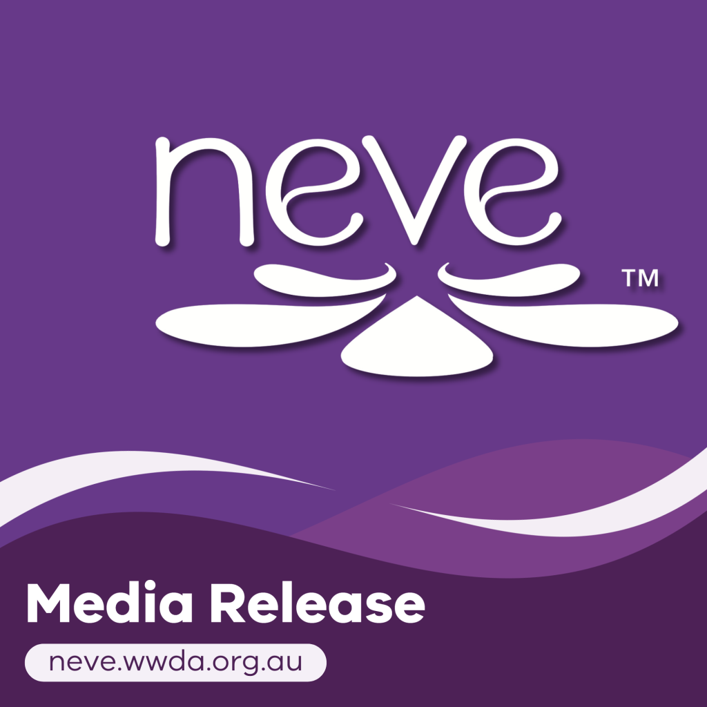 Purple background with the white Neve logo. The Neve logo if the word neve with petals like a flower underneath it. white text at the bottom of the page says Available now neve.wwda.org.au