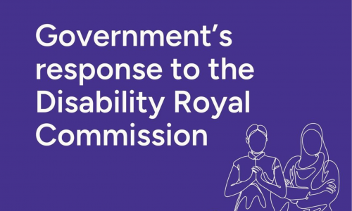 This tile has a blue background. Large white text reads: "Joint Statement: Government's response to the Disability Royal Commission." A white line drawing is featured in the lower-left side of two women of different ethnicities, backgrounds and disabilities. Their faces are not drawn. The woman on the left is holding her hands towards her chest, and the woman on the right is wearing a headscarf and has her arms crossed. A white banner at the bottom of the tile features the Women with Disabilities ACT logo, the Women with Disabilities Victoria logo and the Women with Disabilities Australia logo.