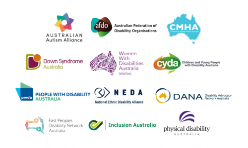 The image showcases a collection of logos from various Australian disability advocacy organisations and support networks. These organisations represent a diverse range of disabilities and focus areas, highlighting the breadth of the disability community in Australia