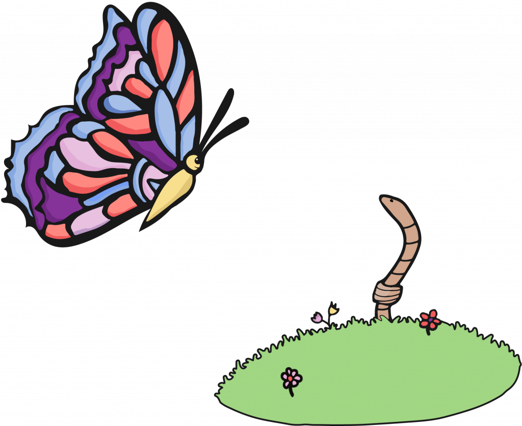 A butterfly in flight above a worm emerging from the ground