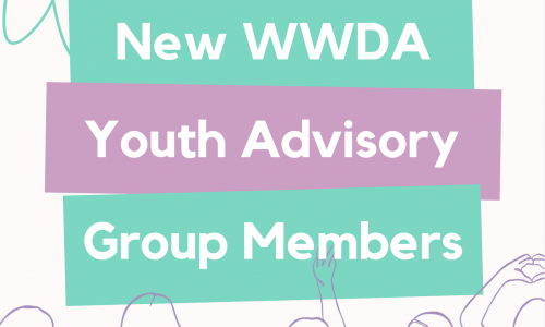 This image has a white background with green and pink rectangles. On top of the rectangles is white text that reads New WWDA Youth Advisory Group members. Around the outside of the image is line drawing illustrations of flowers and of young people in a group.